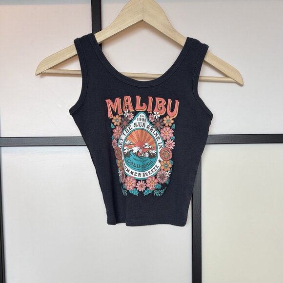 MALIBU ribbed Tank Top Crop Graphic Size SMALL California Y2K Beach Summer Boho - Picture 2 of 9